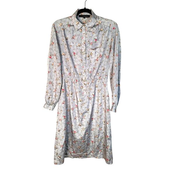 Vintage 1970s Lady Manhattan 8 Long Sleeve SILK Secretary Dress Floral Gray Pink - Picture 2 of 6